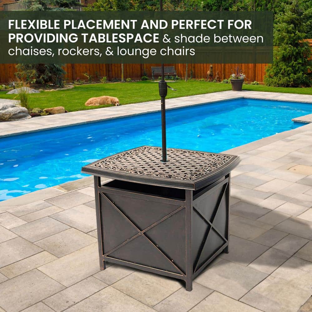 Bronze Cast Aluminum Square Patio Table with Umbrella Holder