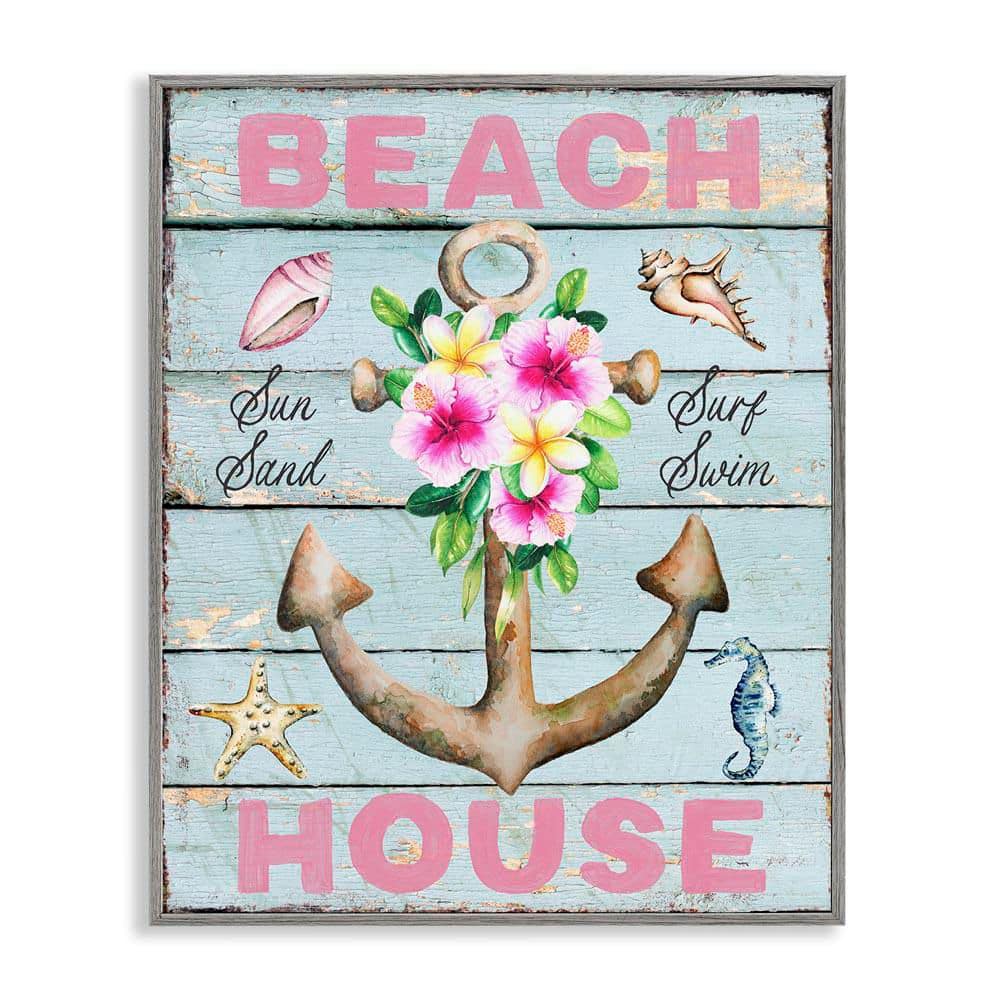 Pink Beach House Rustic by Creatif Belle Gray Framed Coastal Giclee Art Print 20 in. x 16 in. price history on PriceWatchPro