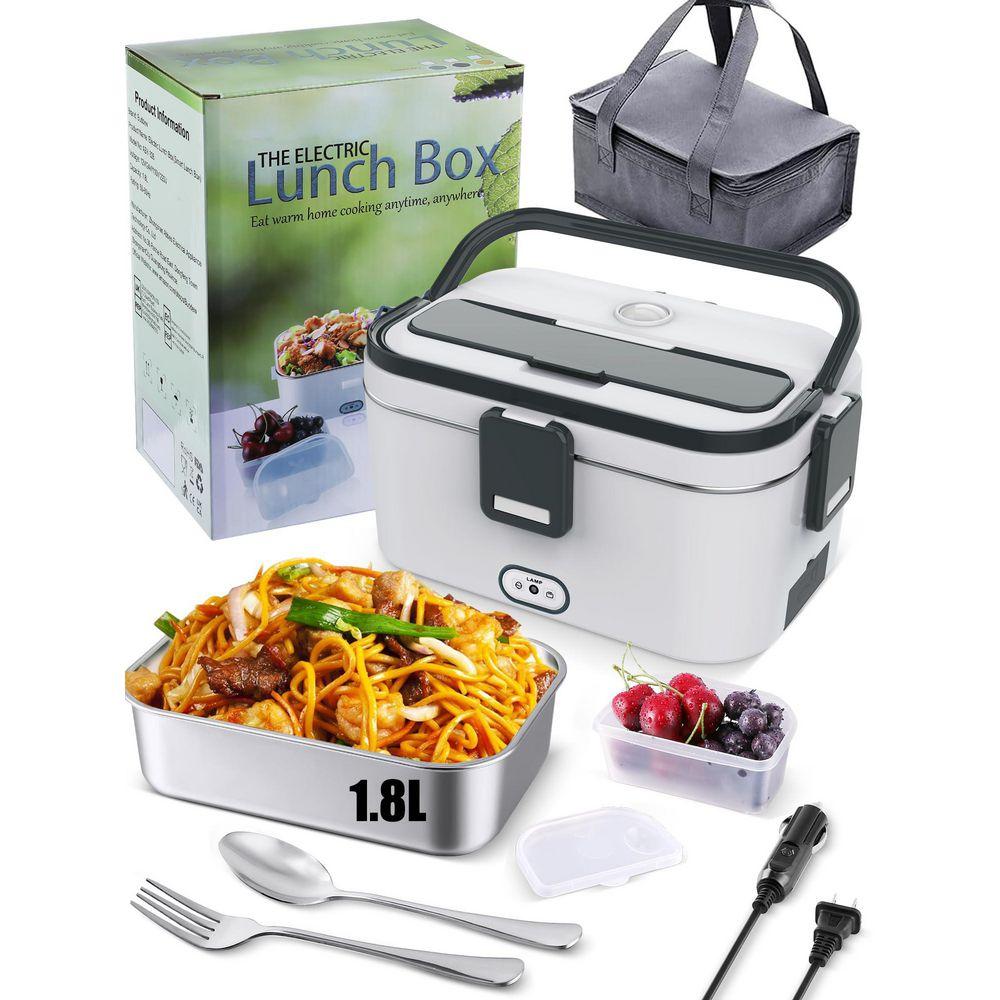 80W Gray Electric Lunch Box, 1.8L Large Capacity Food Warmer for Car/Truck/Office, Includes Carry Bag, Fork & Spoon
