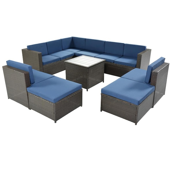 URTR Brown 9-Piece Outdoor Sectional Sofa Set, Wicker Patio Conversation Set Backyard Sofa and Table Set, Blue Cushion