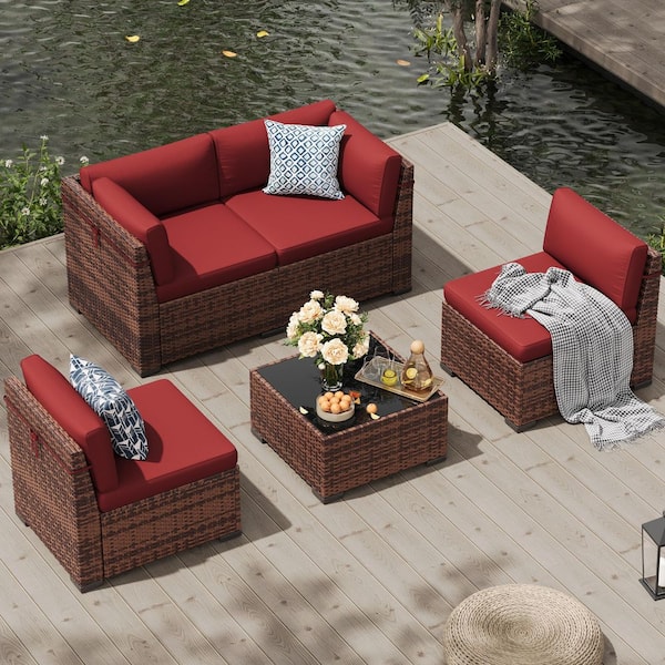 5-Pieces Brown Wicker Patio Conversation Set with Red Cushions