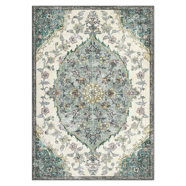 Vintage Printed Rug Low Pile Non-Slip Thin Carpet Living Room Decorative Carpet for Bedroom Kitchen Green，10X13ft