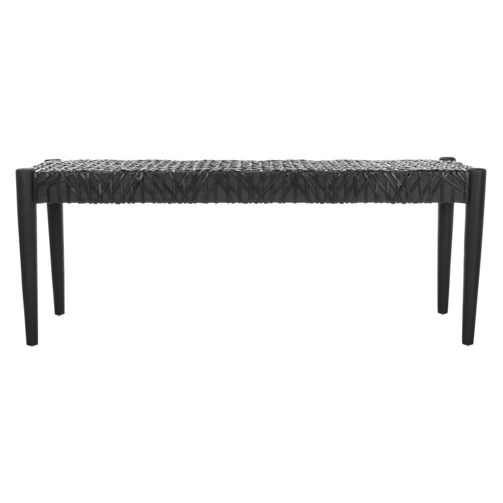 Alpine Elegance Black Cowhide Leather and Teak Bench, 47"