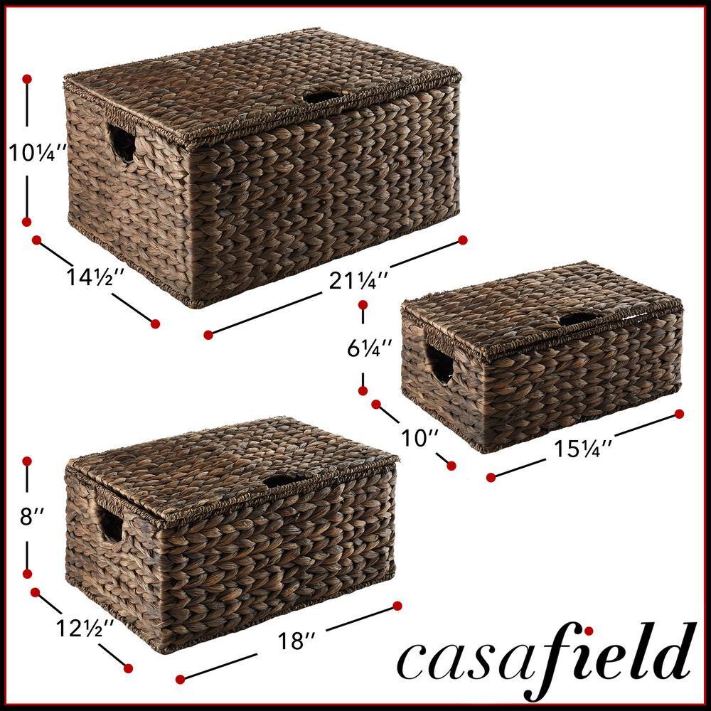 Set of 3 Brown Water Hyacinth Rectangular Storage Baskets with Lids