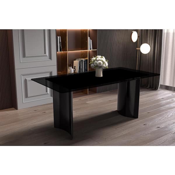 Leisuremod Zara Modern 55 in. Rectangular Dining Table with Glass Top and Curved Stainless Steel Base (Black)