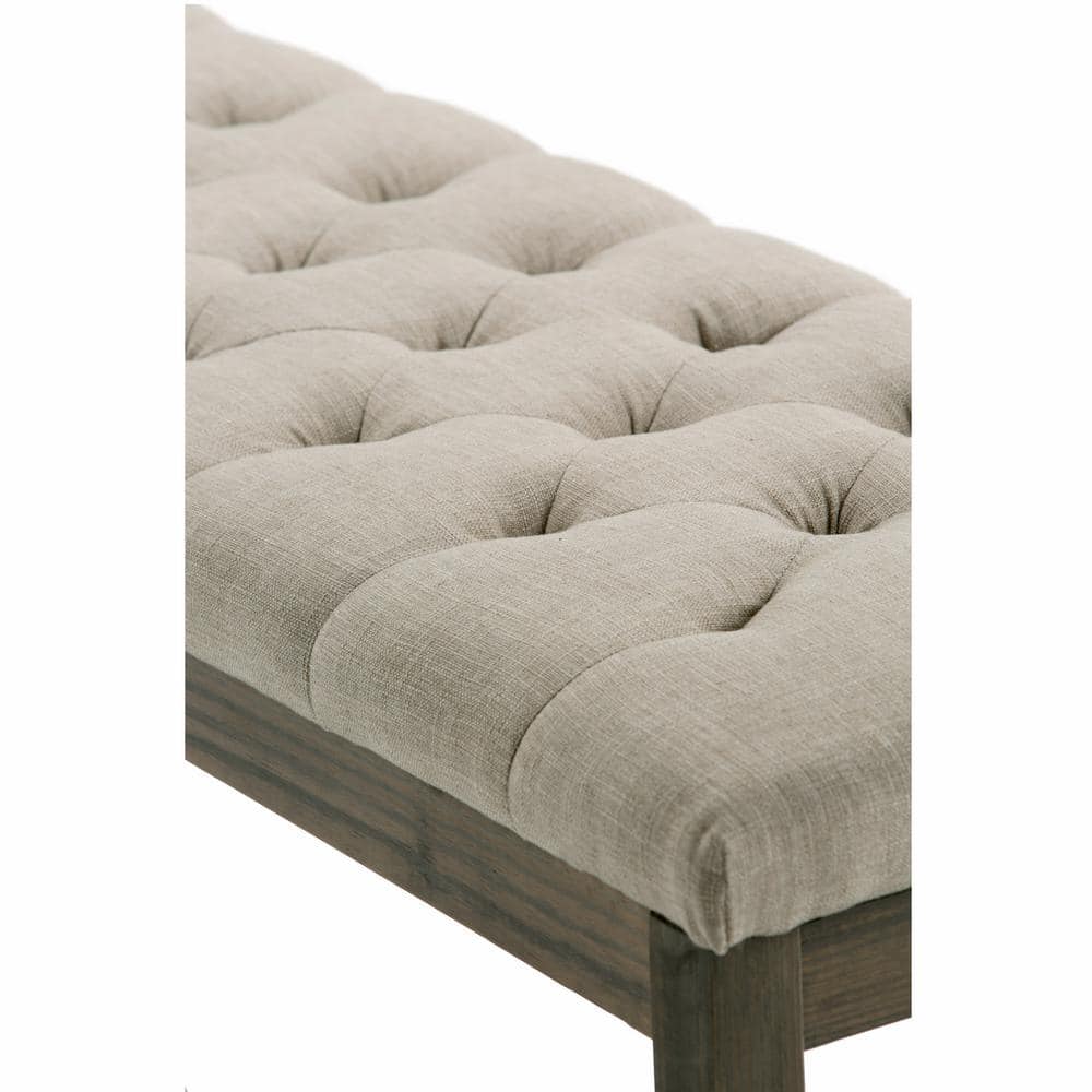 Elegant Natural Linen Tufted Pine Wood Rectangular Bench Ottoman