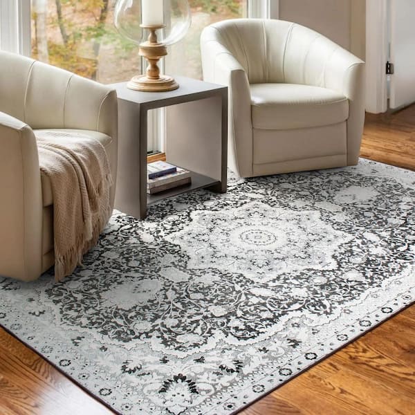 Parviz Grey Medallion Washable 5 ft. x 7 ft. Area Rug