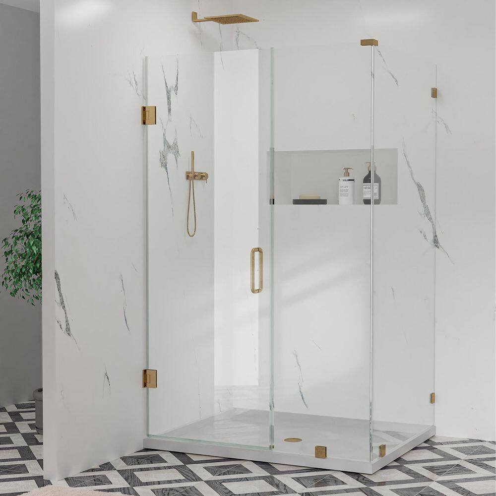 Hava 44 in. W x 33 in. D x 80 in. H Hinged Frameless Corner Shower Enclosure in Brushed Gold with 3/8 in. Clear Glass price history on PriceWatchPro