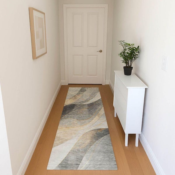 Mayfield Premium Machine Washable Abstract AMF1668 Gray 2 ft. 3 in. x 7 ft. 6 in. Runner Rug