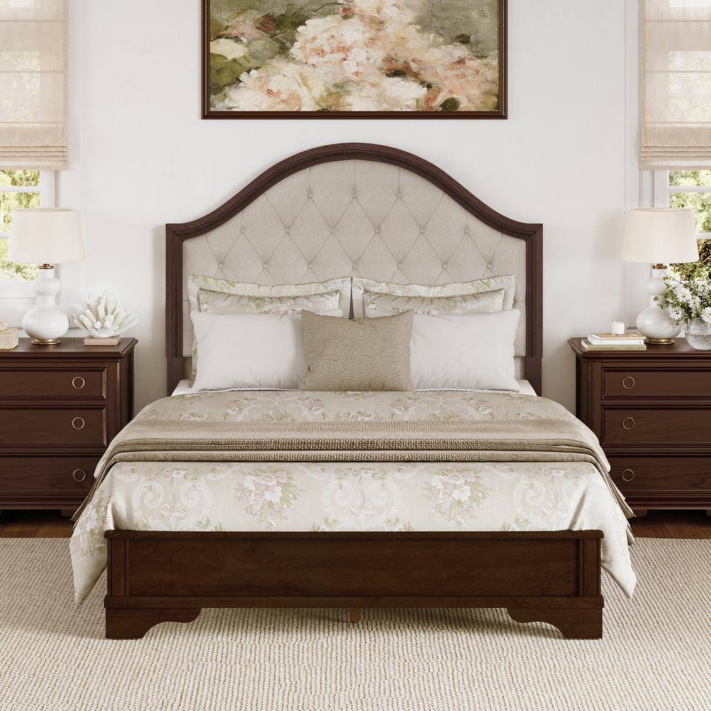 Antoro Brown Walnut Upholstered Platform Bed Frame Queen Size with Button Tufted Headboard Solid Wood Frame Bed