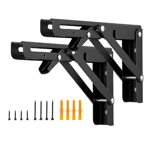 8 in. H Stainless Steel 330 lb. Load Capacity Folding Shelf Bracket, Matte Black Space-Saving Design (2-Pack)