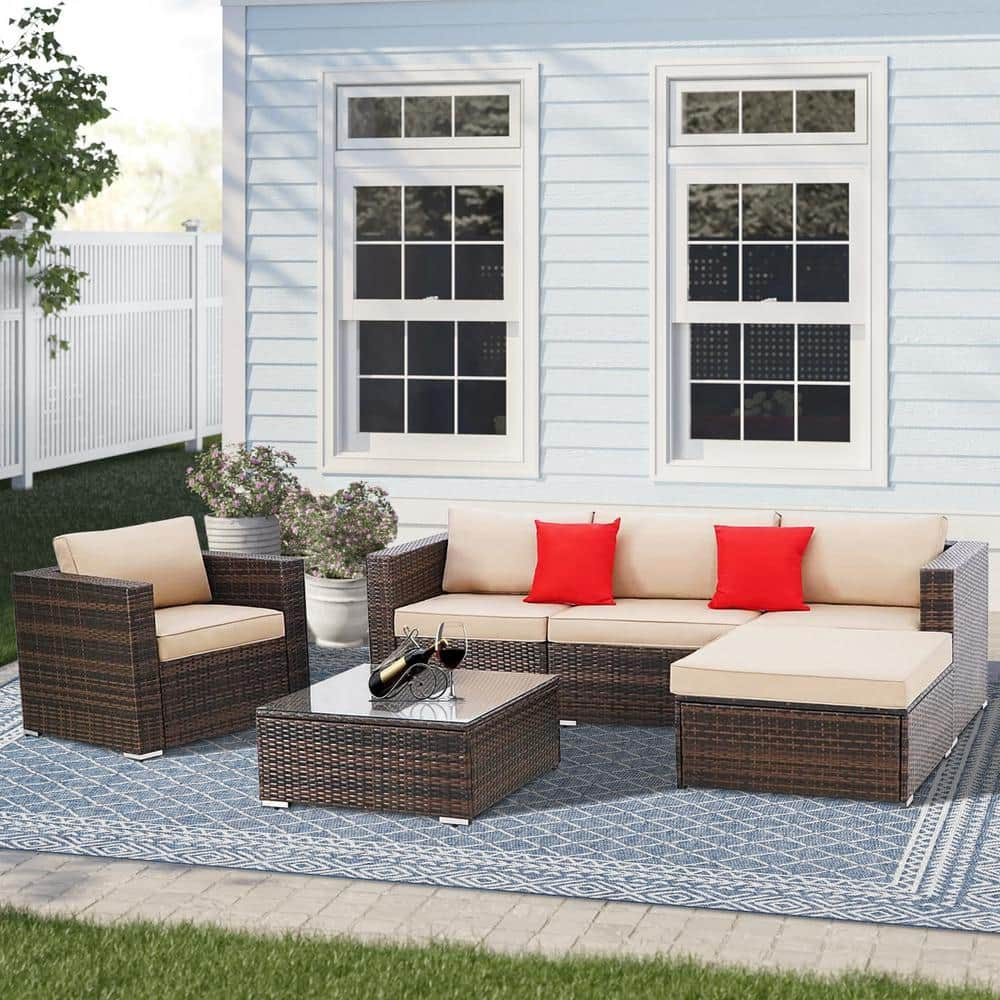 Suncrown 6 Piece Wicker Outdoor Sectional Set with Brown