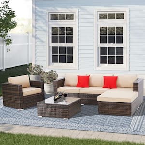 6-Piece Wicker Outdoor Sectional Set with Brown Cushions