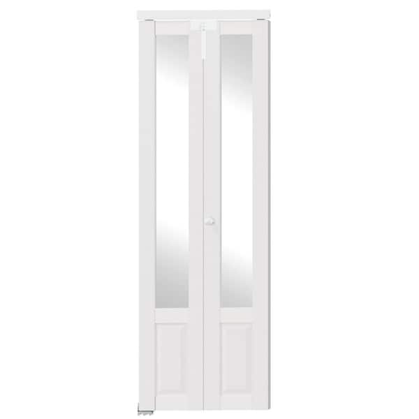 30 in. x 80 in. Half Lite Mirrored Glass Solid Core White PVC Covering MDF Bi-fold Door with Locks and Handles
