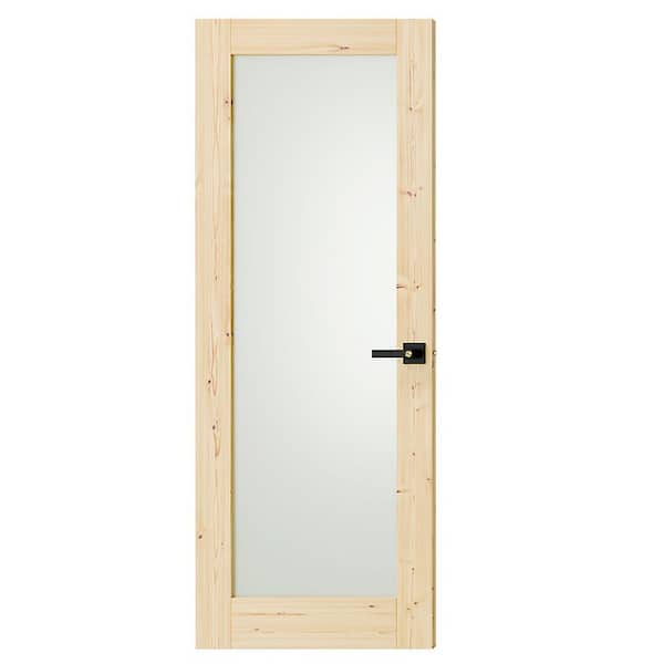 32 in. x 80 in. Solid Wood, Full Lite, Frosted Glass, Primed, Light Brown Interior Door Slab With Black Lever Handle