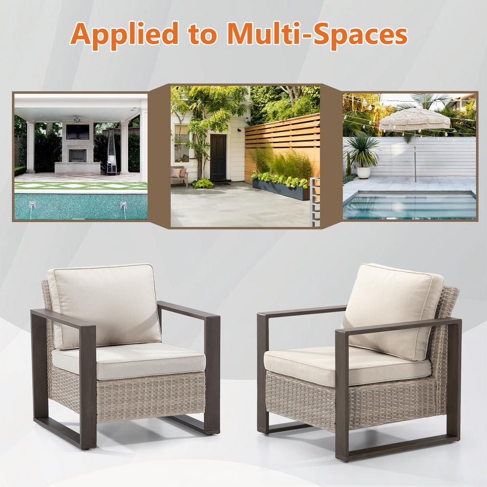 Beige Wicker Outdoor Lounge Chairs with Cushions and Metal Frame