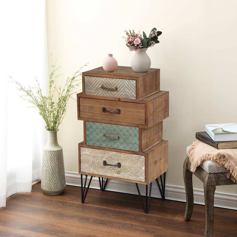 Mid-Century Brown 4-Drawer Wood Accent Chest with Metal Legs