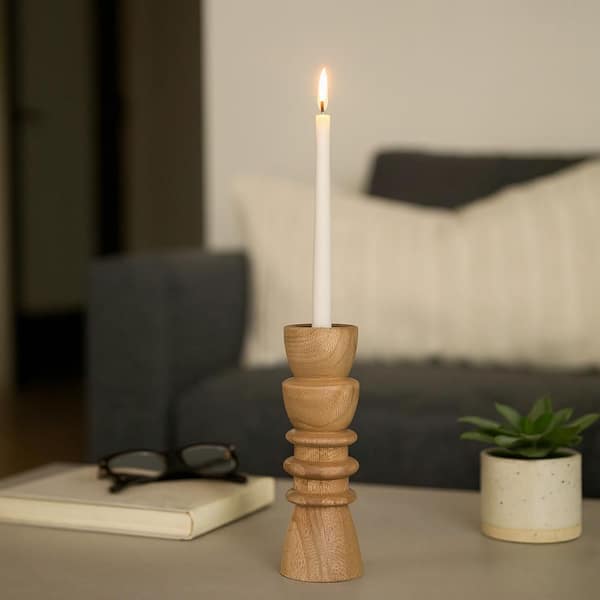 8 in. Ivory Wood/Metal Totem Taper Candle Holder