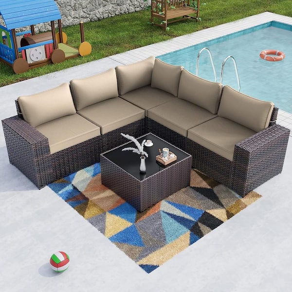 Halmuz 6-Piece Wicker Outdoor Sectional Set with Sand Cushion