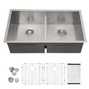 Brushed Nickel 16-Gauge Stainless Steel 33 in. Double Bowl Undermount Kitchen Sink with Bottom Grid and Drain Assembly