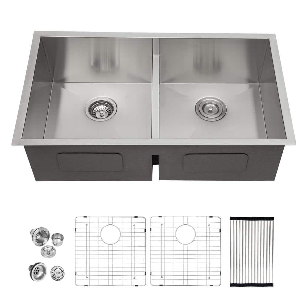 Brushed Nickel 16-Gauge Stainless Steel 33 in. Double Bowl Undermount Kitchen Sink with Bottom Grid and Drain Assembly, stainless steel brushed