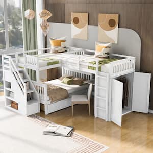 L-Shaped White Twin-Twin Over Full Wood Bunk Bed with Built-in Storage Staircase, Foldable Desktop, Wardrobe, 3-Drawer