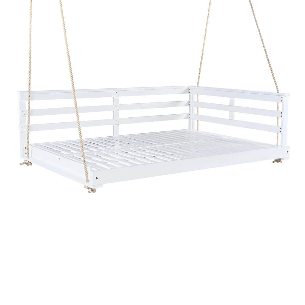 White Wood Porch Swing with Hemp Ropes for Patio