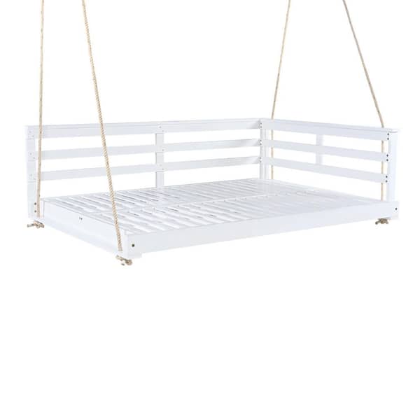 Unbranded White Wood Porch Swing with Hemp Ropes for Patio