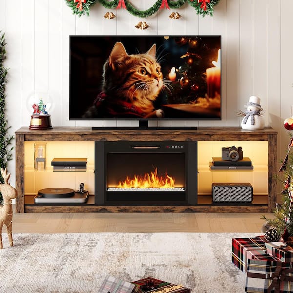 70.8 in. Fireplace TV Stand Fits TV's Up to 75 in. Entertainment Center with Adjustable Shelves & LED in Rustic Brown