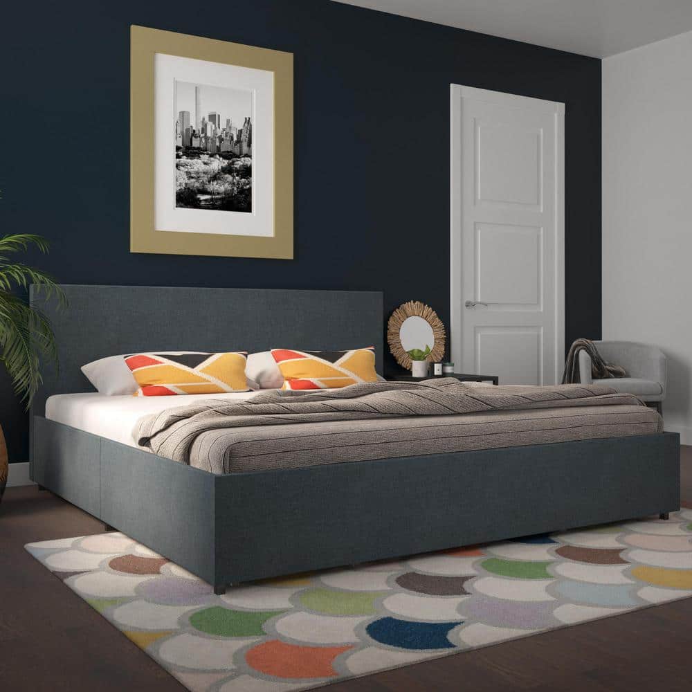 Navy Blue King Linen Upholstered Storage Bed with Tufted Headboard