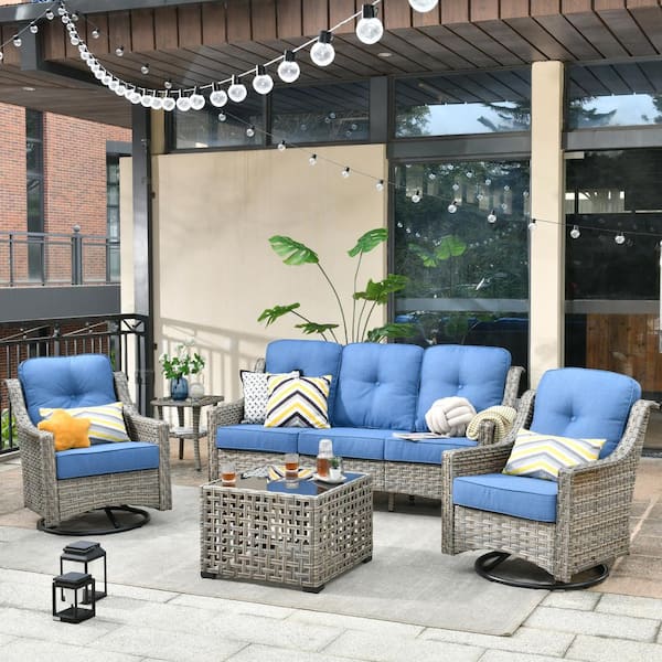 HOOOWOOO Verona Grey 5-Piece Wicker Modern Outdoor Patio Conversation Sofa Seating Set with Swivel Chairs and Sky Blue Cushions