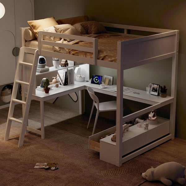 Harper & Bright Designs White Full Wooden Loft Bed with Built-in Desk, Shelves, Storage Bench with 2-Drawers, LED light, USB Charging Station