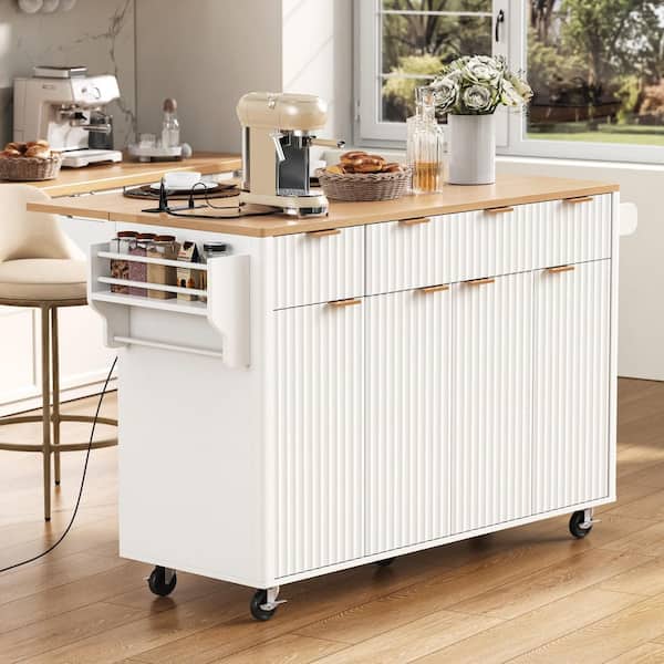 PDTEND White Fluted Wood-Grain Top Large 55.5 in. W Kitchen Island with Curved Edge for Kitchen, Dining