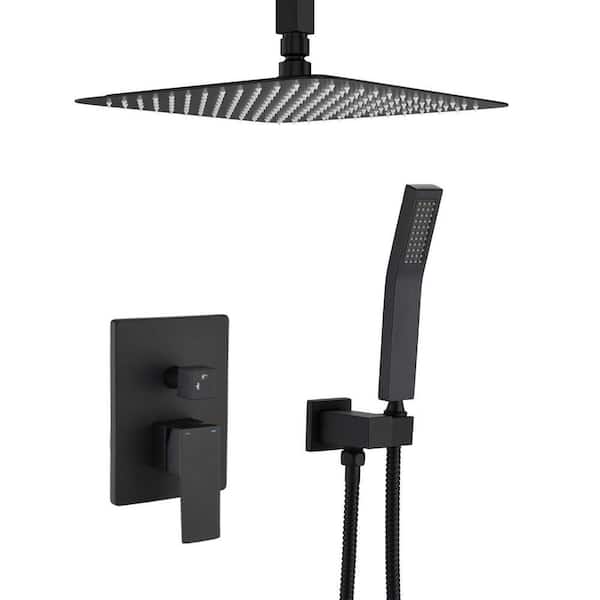 GIVING TREE 2-Spray Patterns with 2.5 GPM 10 in. High Pressure Ceiling Mount Dual Shower Heads in Matte Black (Valve Included)