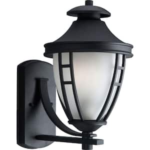 Fairview Collection 1-Light Textured Black Etched Glass Modern Outdoor Medium Wall Lantern Light