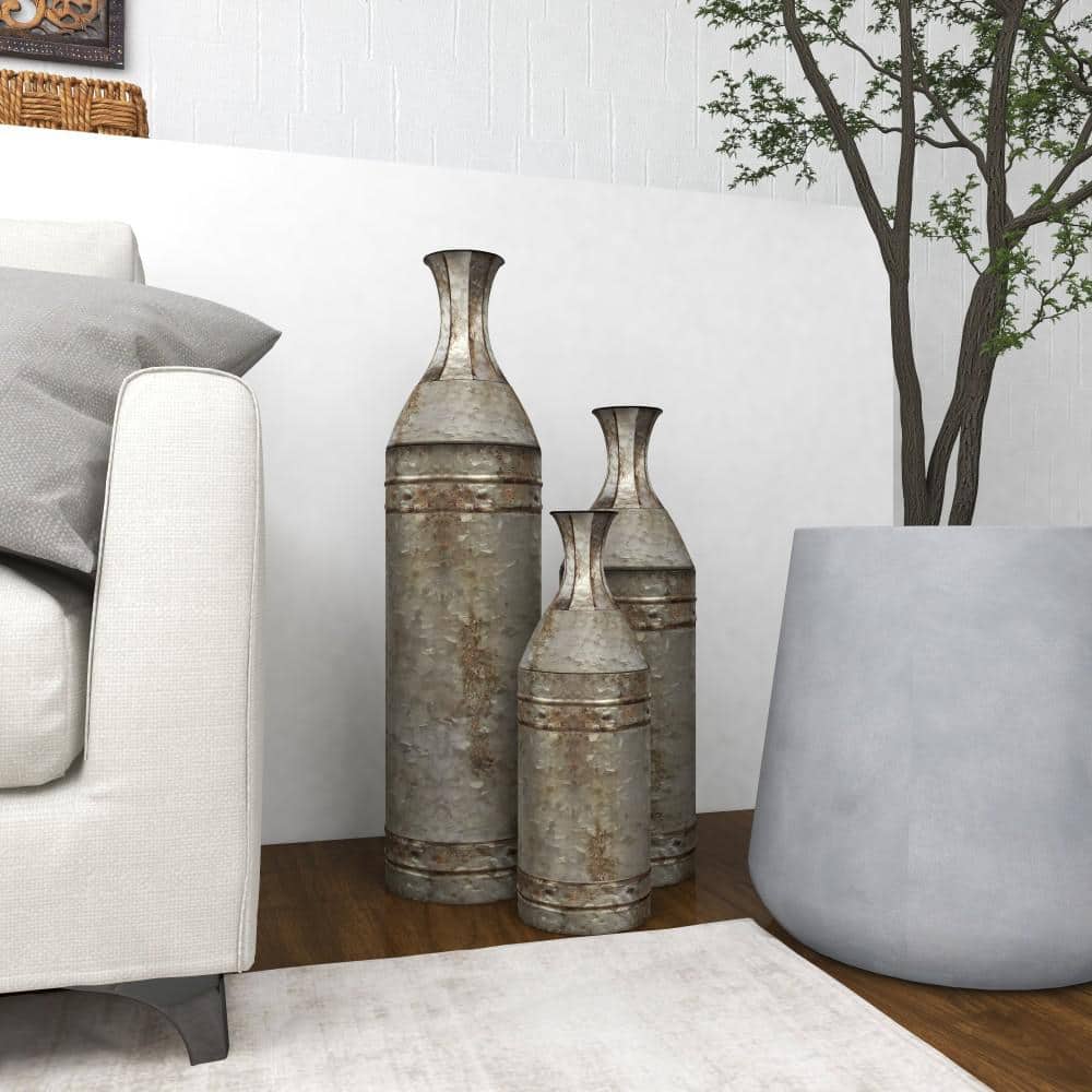Galvanized Metal Cylinder Floor Vases, Set of 3, Farmhouse Decor