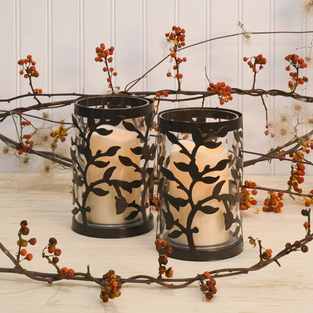 Black Vine Metal and Glass LED Flameless Pillar Candles Set of 2