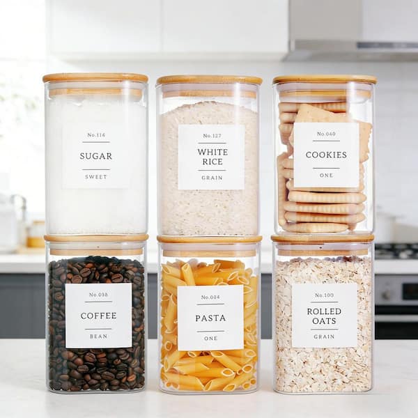 6-Piece Glass Kitchen Jar Set with Airtight Bamboo Lids and 132 Pantry Labels for Coffee Tea Spice Cookie Organization