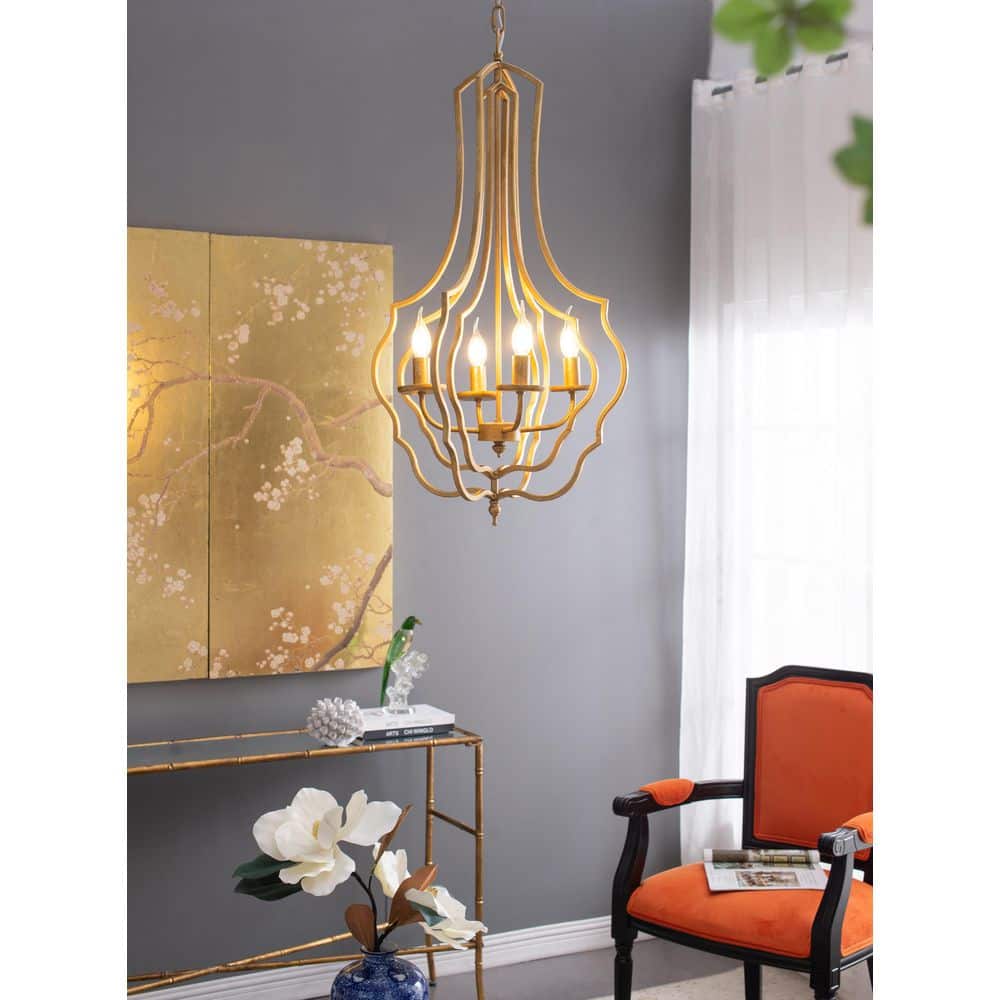 4-Light Gold No Decorative Accents Lantern Linear Chandelier for Foyer, Kitchen, or Dining Room with No Bulbs Included price history on PriceWatchPro