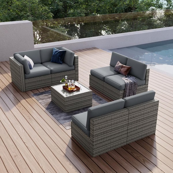 Uixe Brown 7-Piece Wicker Outdoor Patio Conversation Seating Set with Dark Gray Cushions