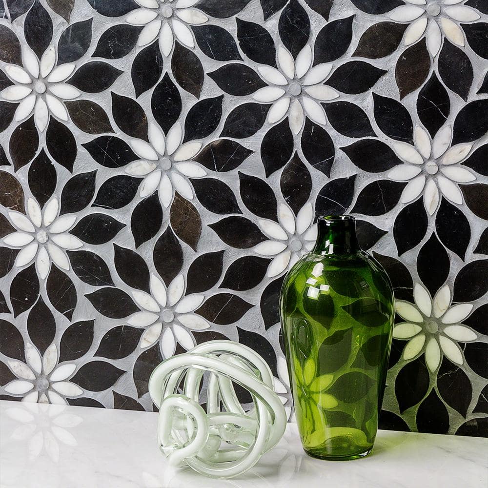 Thistle Black and White Polished Marble Mosaic Tile Sheet