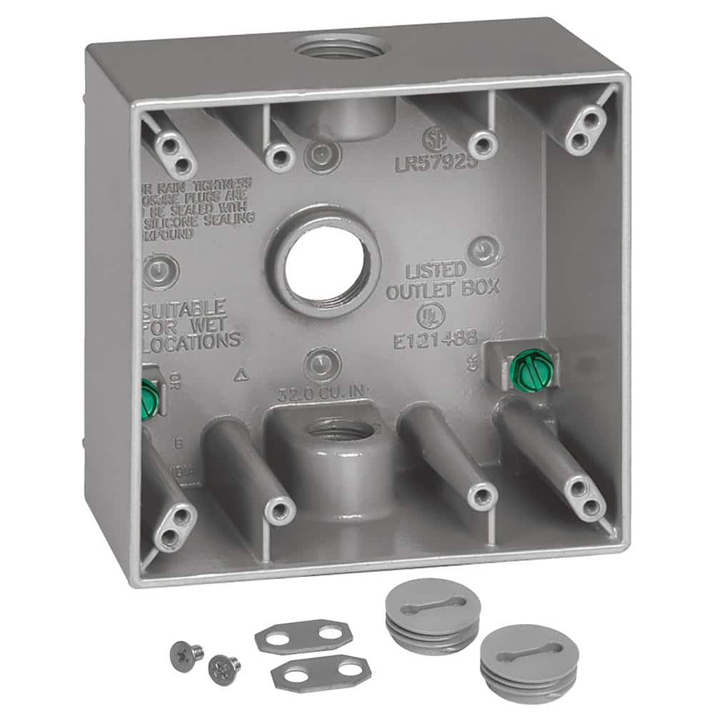 2-Gang Metal Weatherproof Electrical Outlet Box with (3) 3/4 inch Holes, Gr