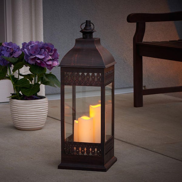 Battery Operated Mission Style 3 Candle Lantern - Antique Bronze 12 Inch