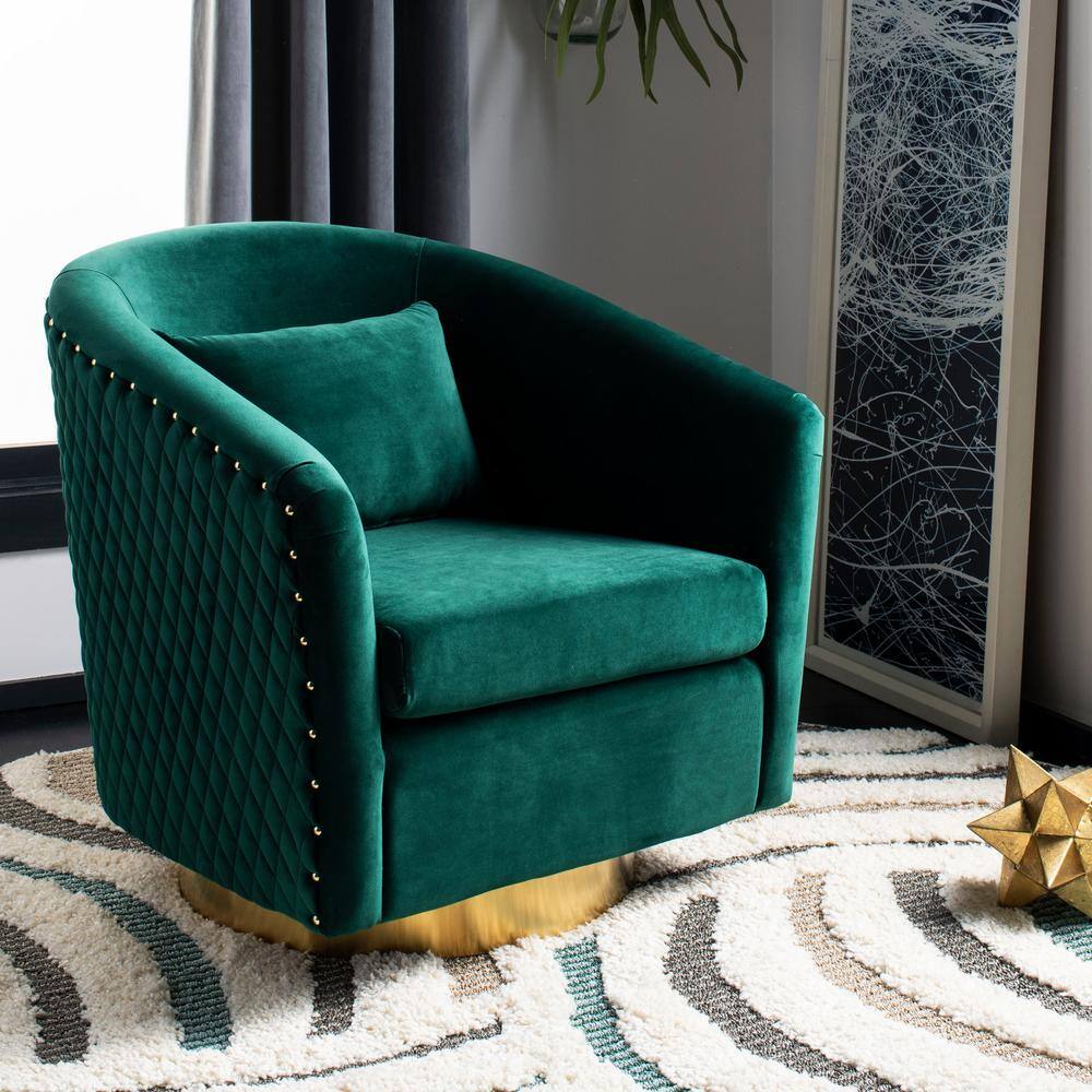 Emerald Velvet Swivel Barrel Chair with Gold Accents