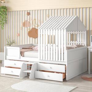 White Full Size Low Floor Kids Bed with Four Drawers, Wood Frame House Bed with Steps, Full Kids Platform Bed with Roof