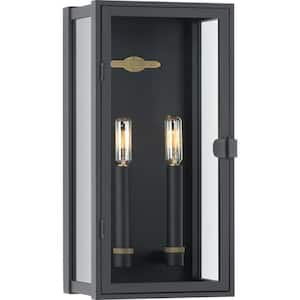 Statue Collection 2-Light Textured Black Clear Glass Transitional Outdoor Medium Wall Lantern Light