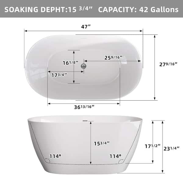Zeafive Zey 47 in. x 27.5 in. Acrylic Freestanding Soaking Bathtub