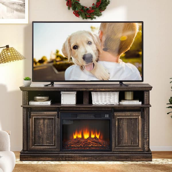 59 in. Freestanding Sliding Door TV Stand Large Storage Cabinet with 23 in. Fireplace, TV up to 65 in., White