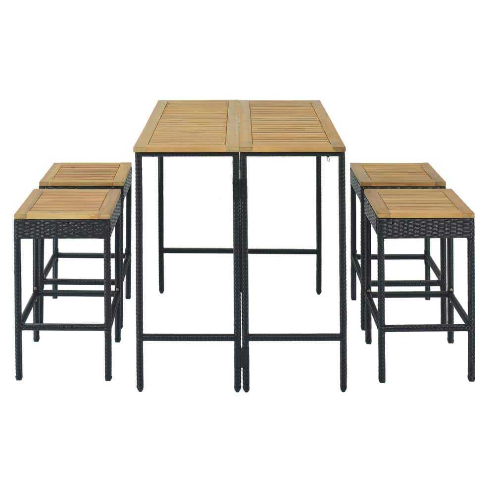 5-Piece Wicker Outdoor Bistro High-Dining Bistro Set with 4 Stools and 1 Wo