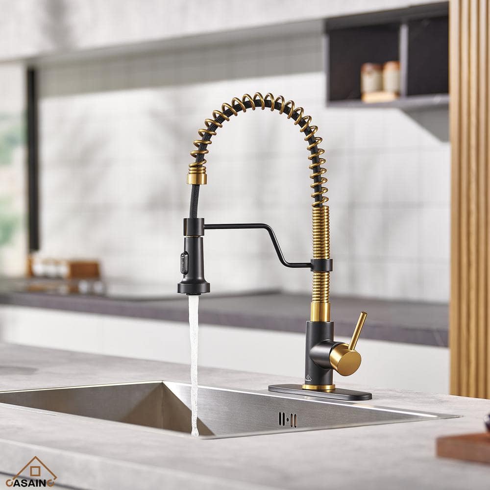 Matte Black and Brushed Gold Stainless Steel Pull-Down Kitchen Faucet